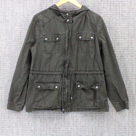 Life In Progress Military Jacket Women Large L Brown Full Zip MultiPocket Hooded - Picture 1 of 9